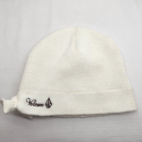 Volcom Womens Ivory White OS Knit Beanie Tie Side Cap Hat Warm Outdoors Ski - Picture 1 of 4